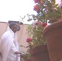 Amma walking by potted flowers