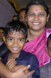 mother and son in the rain